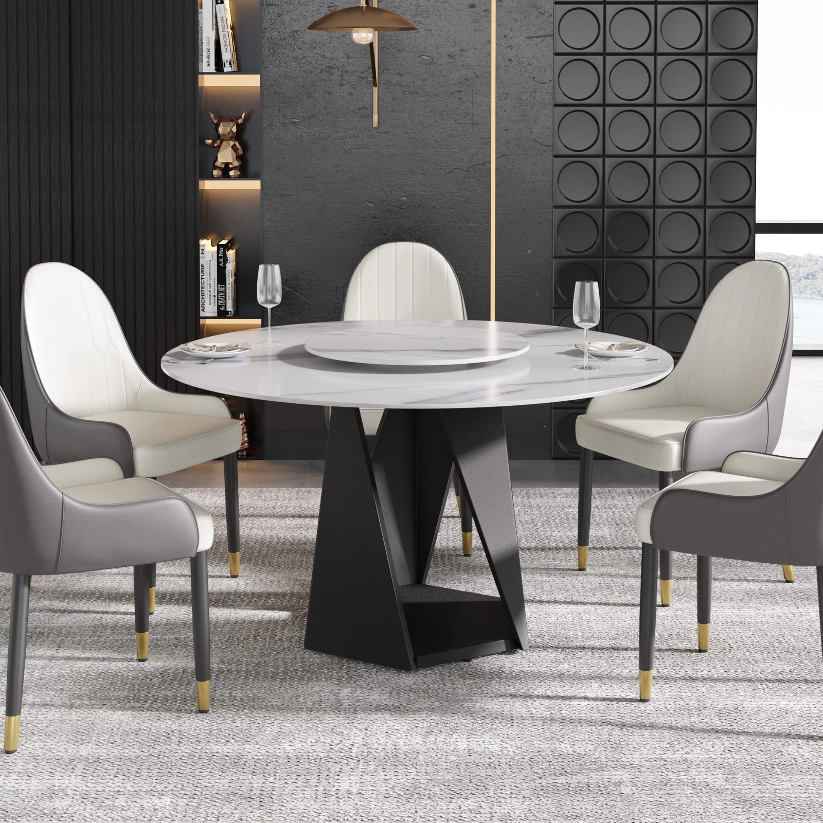 Mesa de comedor Marbella de piedra sinterizada | Redonda de 135 cm (53") en blanco brillante con plato giratorio Lazy Susan