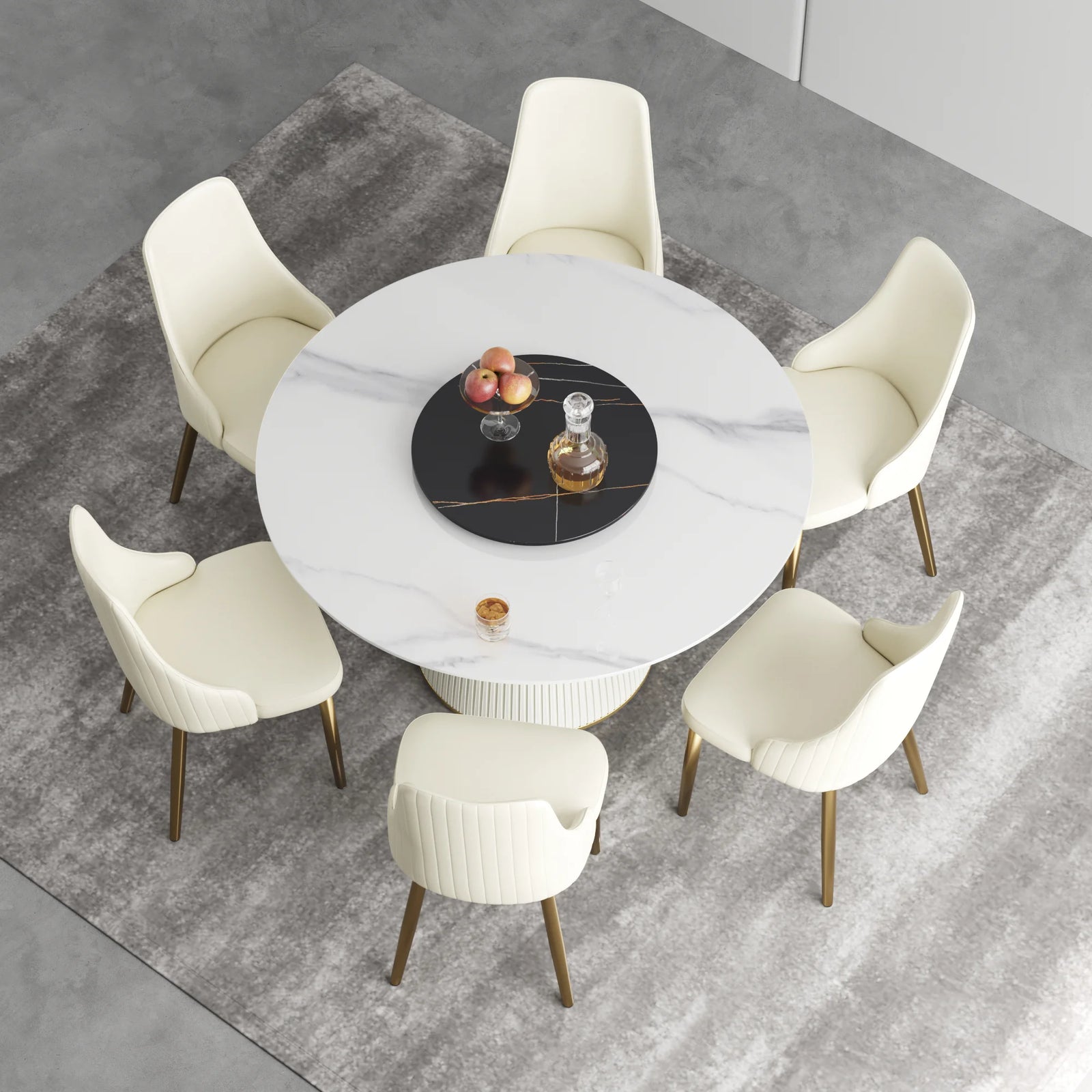 Mesa de comedor Marbella de piedra sinterizada | Redonda de 135 cm (53") en blanco brillante con plato giratorio Lazy Susan