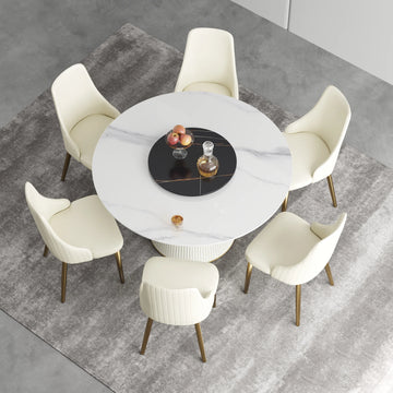 Mesa de comedor Marbella de piedra sinterizada | Redonda de 135 cm (53") en blanco brillante con plato giratorio Lazy Susan