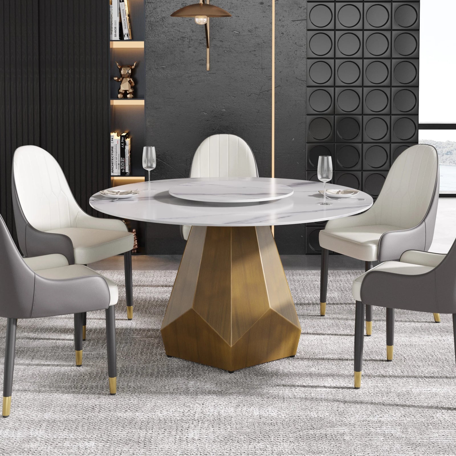 Mesa de comedor Marbella de piedra sinterizada | Redonda de 135 cm (53") en blanco brillante con plato giratorio Lazy Susan