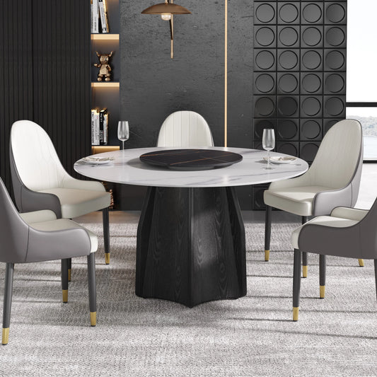 Marbella Sintered Stone Dining Table | 53" White Gloss Round With Lazy Susan Turntable