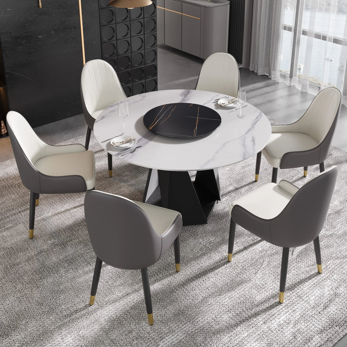Mesa de comedor Marbella de piedra sinterizada | Redonda de 135 cm (53") en blanco brillante con plato giratorio Lazy Susan