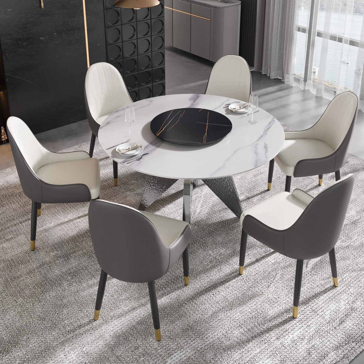 Marbella Sintered Stone Dining Table | 53" White Gloss Round With Lazy Susan Turntable