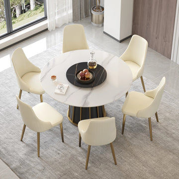 Mesa de comedor Marbella de piedra sinterizada | Redonda de 135 cm (53") en blanco brillante con plato giratorio Lazy Susan