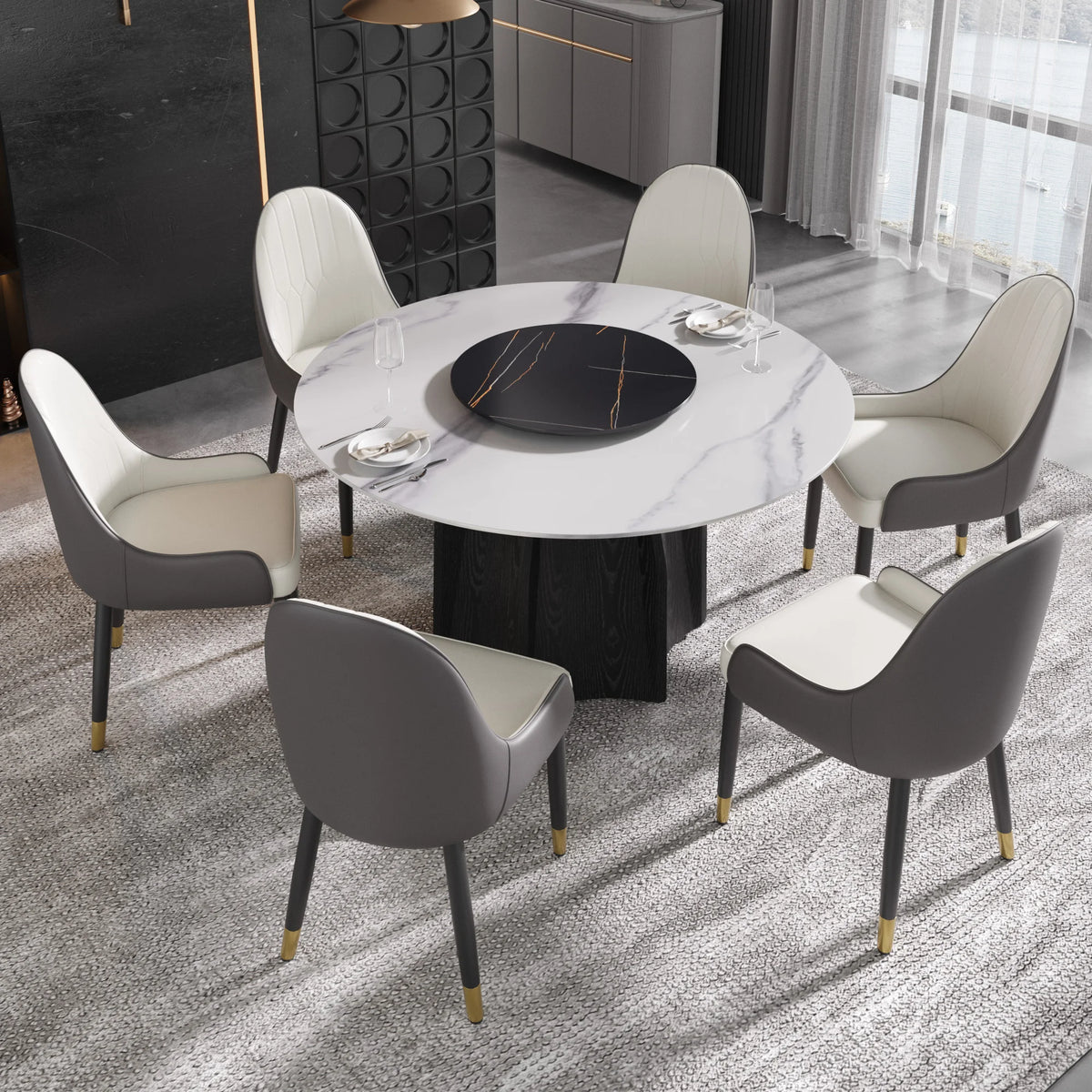 Marbella Sintered Stone Dining Table | 53" White Gloss Round With Lazy Susan Turntable