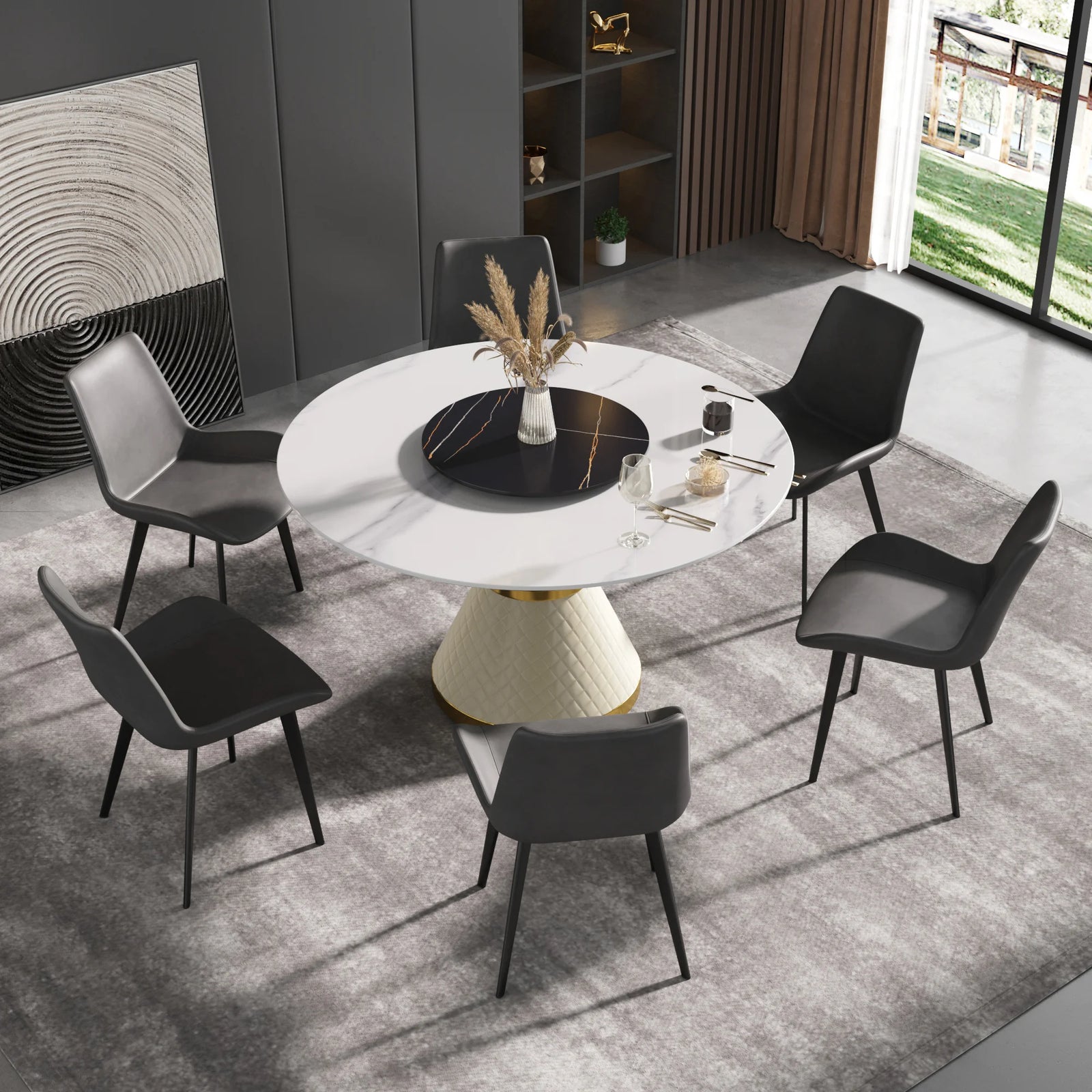 Mesa de comedor Marbella de piedra sinterizada | Redonda de 135 cm (53") en blanco brillante con plato giratorio Lazy Susan