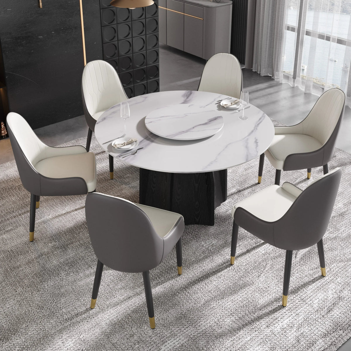 Marbella Sintered Stone Dining Table | 53" White Gloss Round With Lazy Susan Turntable