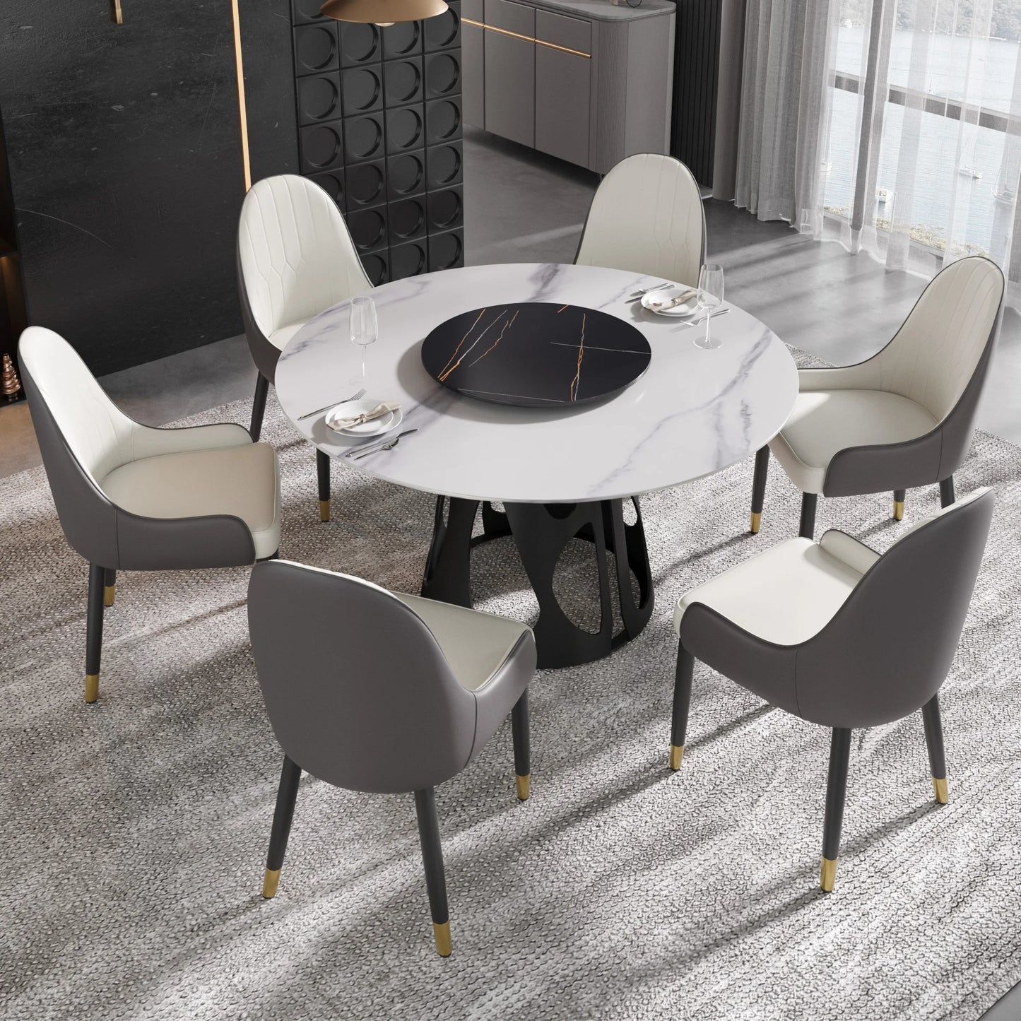 Marbella Sintered Stone Dining Table | 53" White Gloss Round With Lazy Susan Turntable
