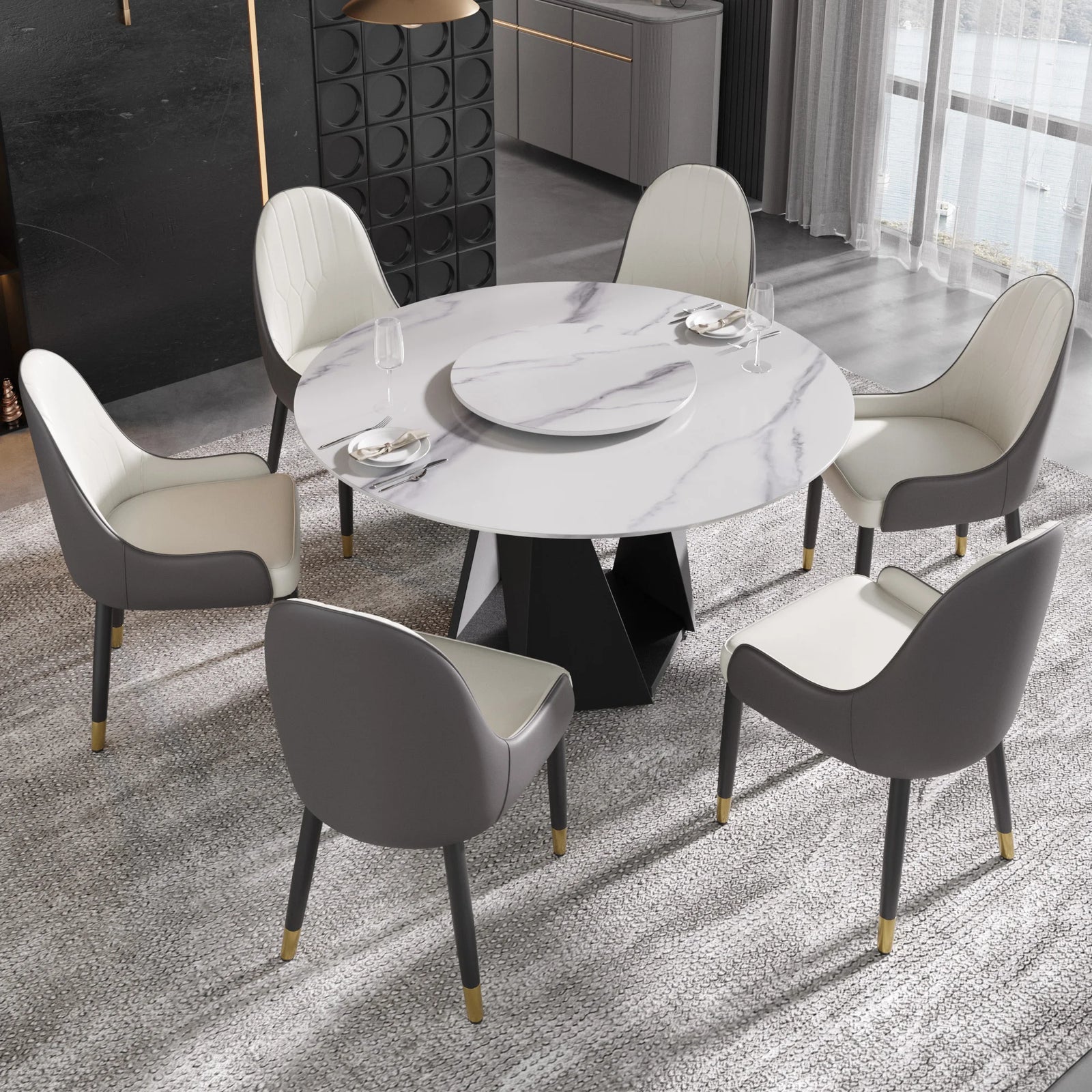 Mesa de comedor Marbella de piedra sinterizada | Redonda de 135 cm (53") en blanco brillante con plato giratorio Lazy Susan