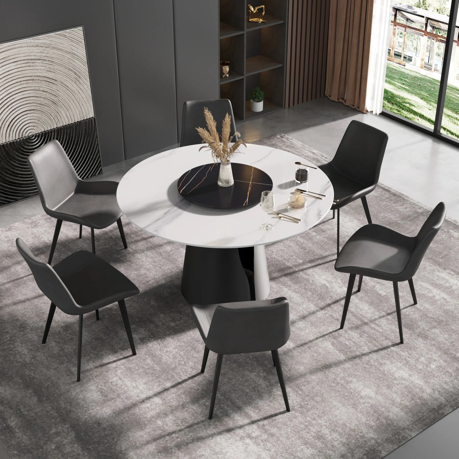 Marbella Sintered Stone Dining Table | 53" White Gloss Round With Lazy Susan Turntable