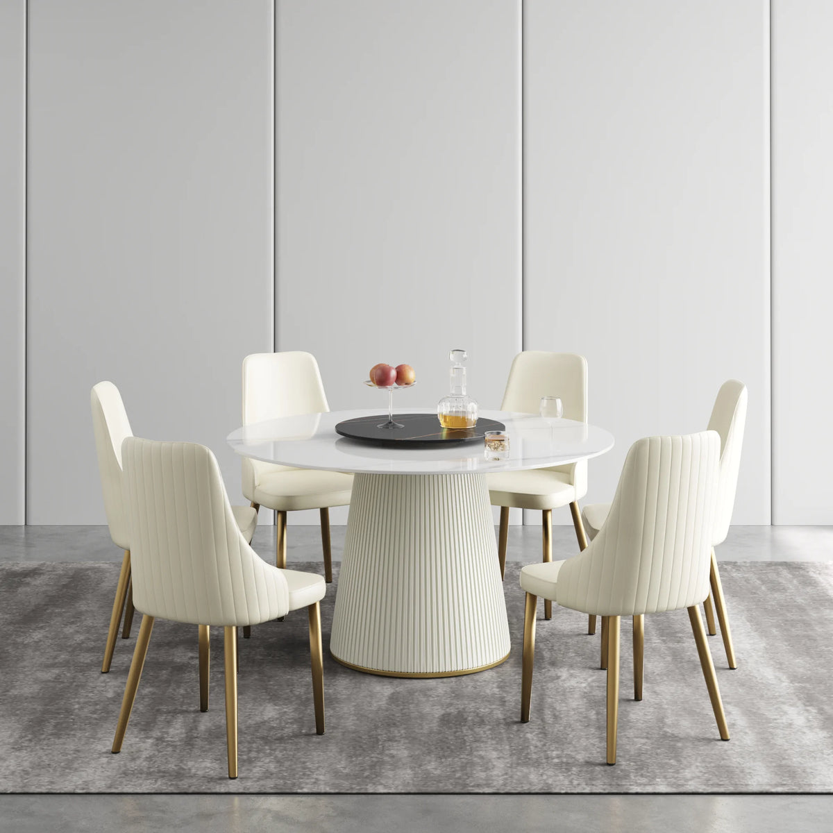 Mesa de comedor Marbella de piedra sinterizada | Redonda de 135 cm (53") en blanco brillante con plato giratorio Lazy Susan