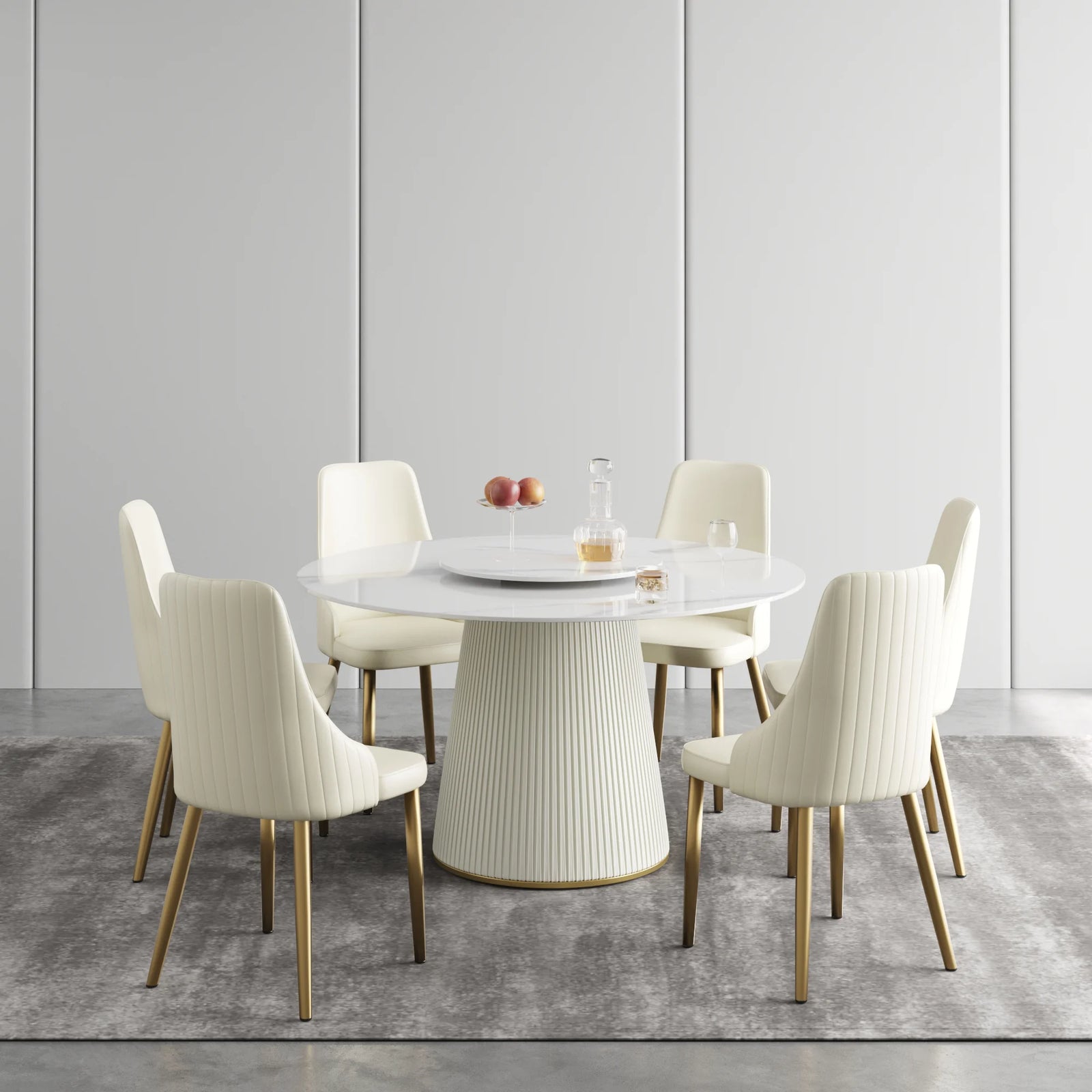 Marbella Sintered Stone Dining Table | 53" White Gloss Round With Lazy Susan Turntable
