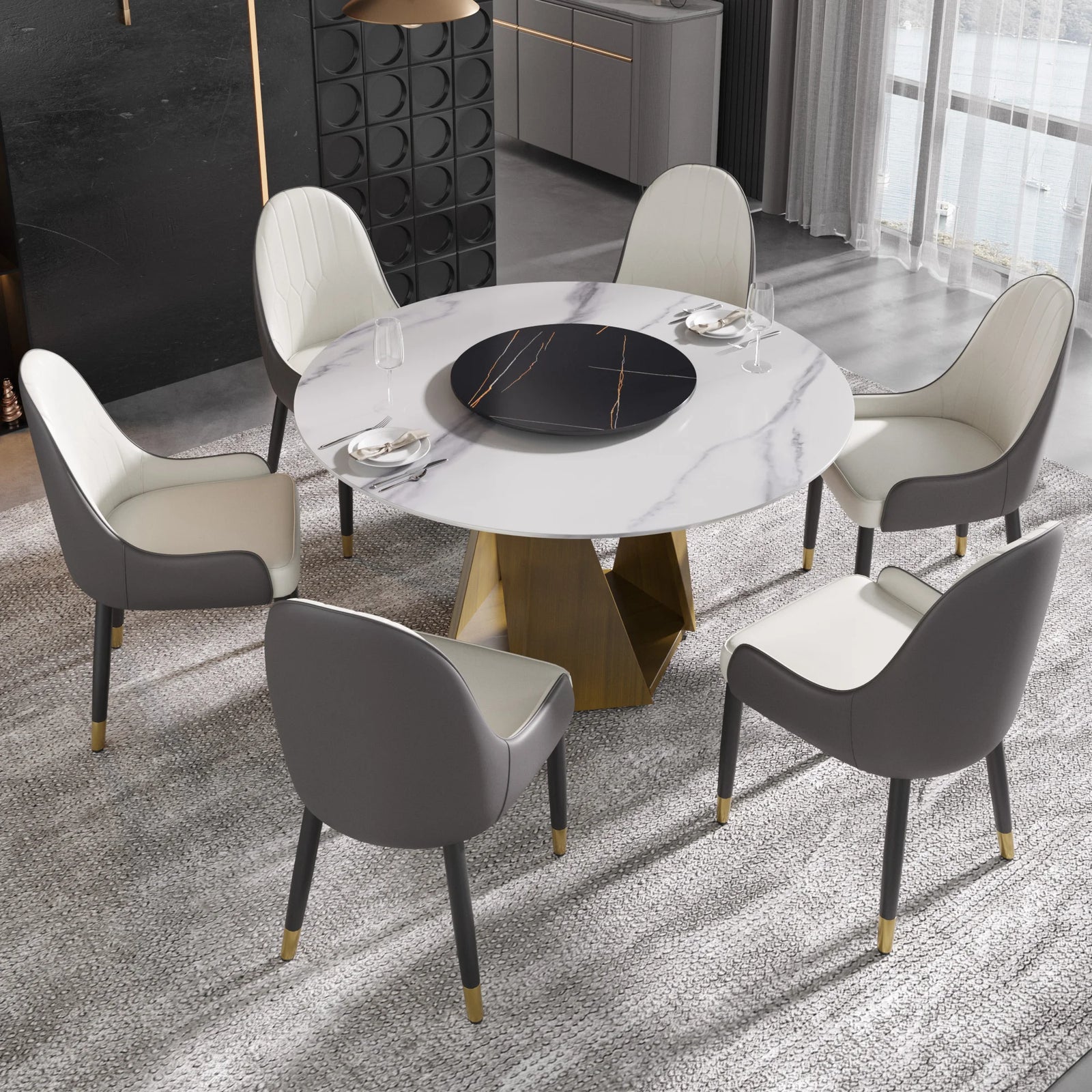 Mesa de comedor Marbella de piedra sinterizada | Redonda de 135 cm (53") en blanco brillante con plato giratorio Lazy Susan