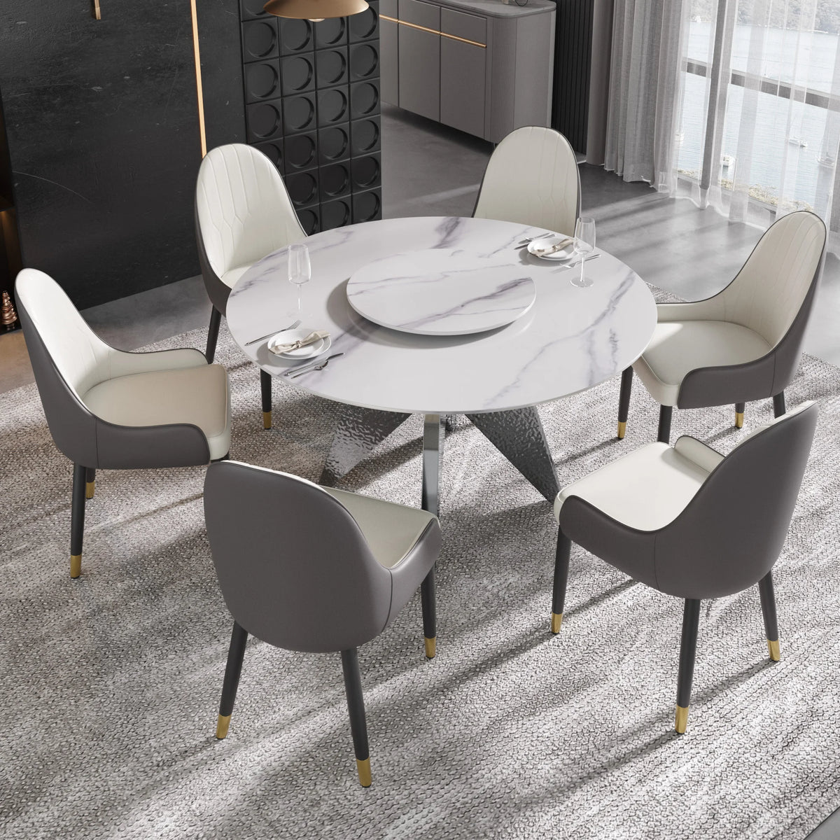Marbella Sintered Stone Dining Table | 53" White Gloss Round With Lazy Susan Turntable