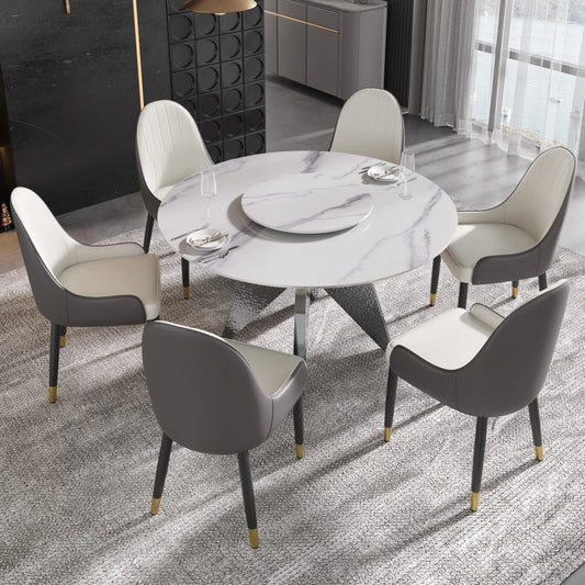 Marbella Sintered Stone Dining Table | 53" White Gloss Round With Lazy Susan Turntable
