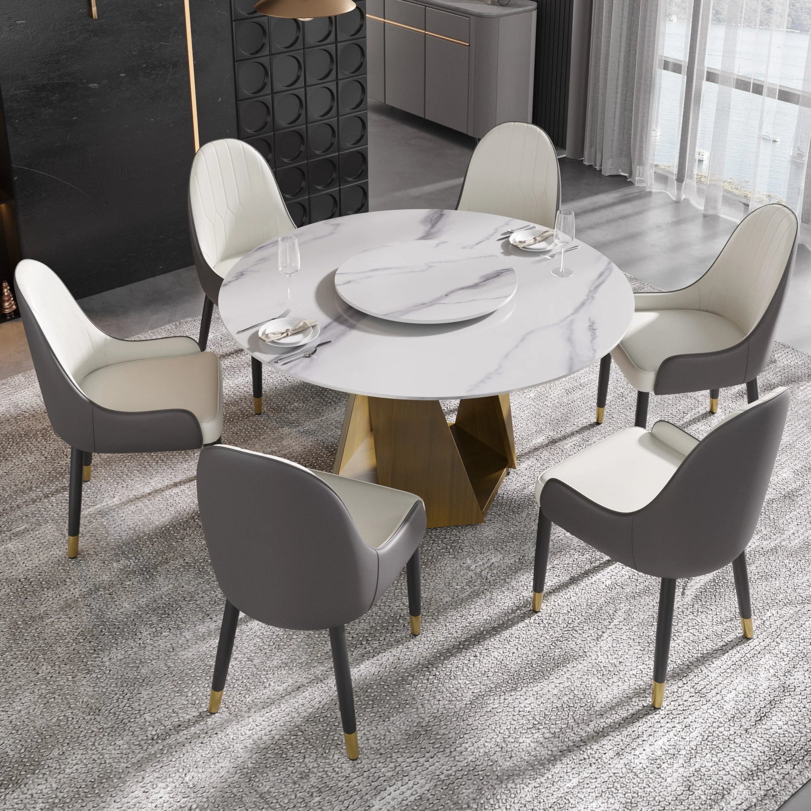 Mesa de comedor Marbella de piedra sinterizada | Redonda de 135 cm (53") en blanco brillante con plato giratorio Lazy Susan