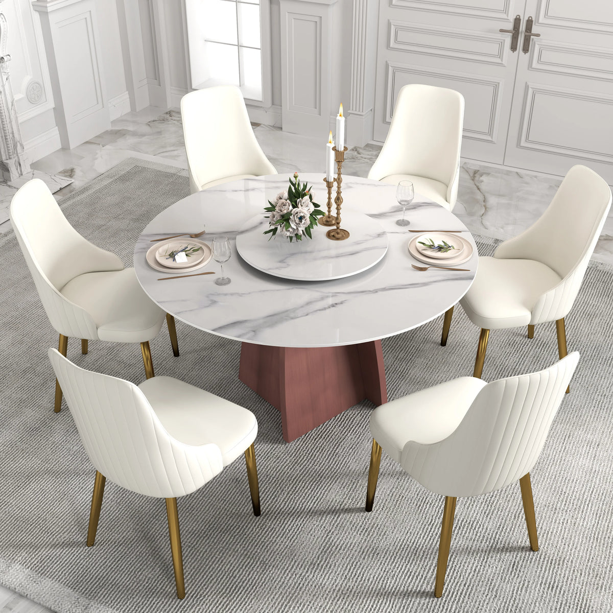 Mesa de comedor Marbella de piedra sinterizada | Redonda de 135 cm (53") en blanco brillante con plato giratorio Lazy Susan