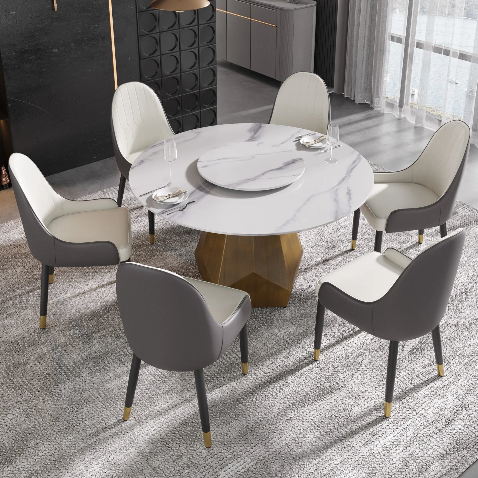 Mesa de comedor Marbella de piedra sinterizada | Redonda de 135 cm (53") en blanco brillante con plato giratorio Lazy Susan