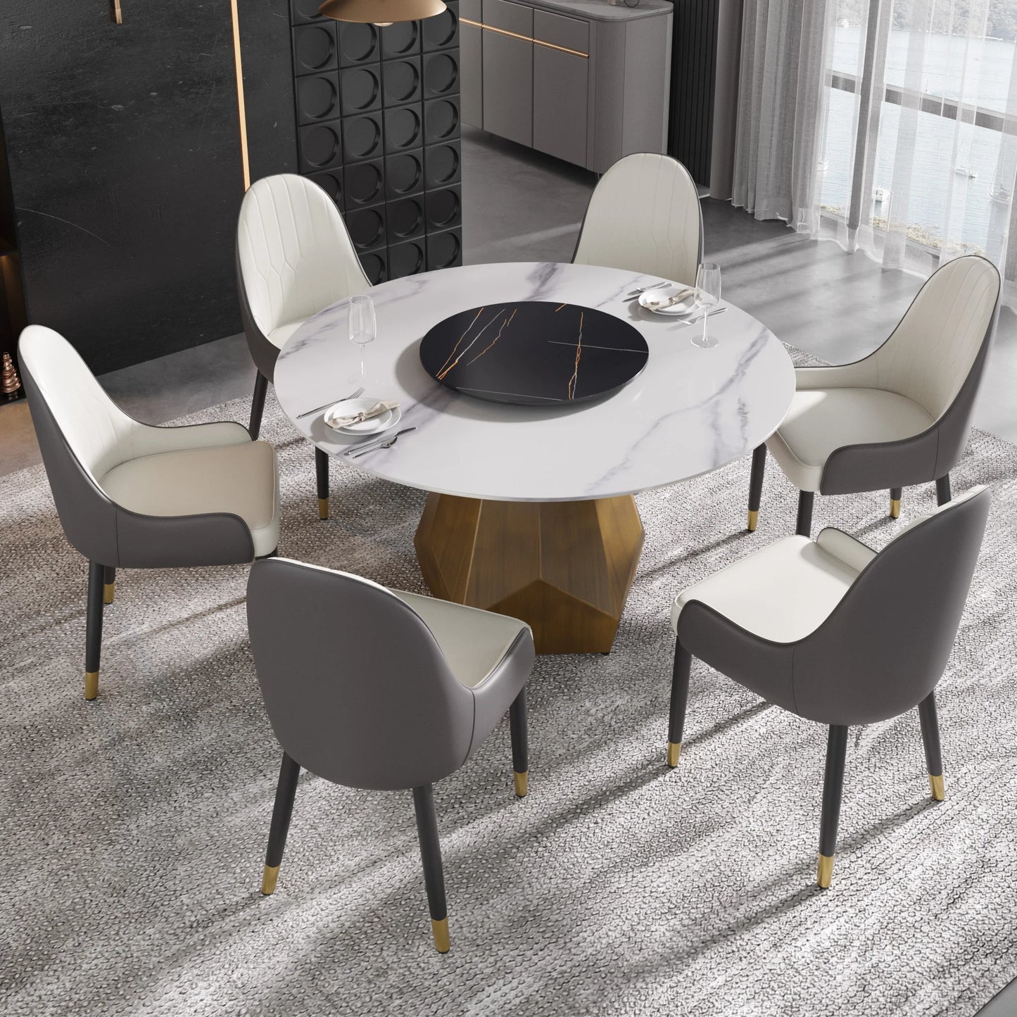 Marbella Sintered Stone Dining Table | 53" White Gloss Round With Lazy Susan Turntable