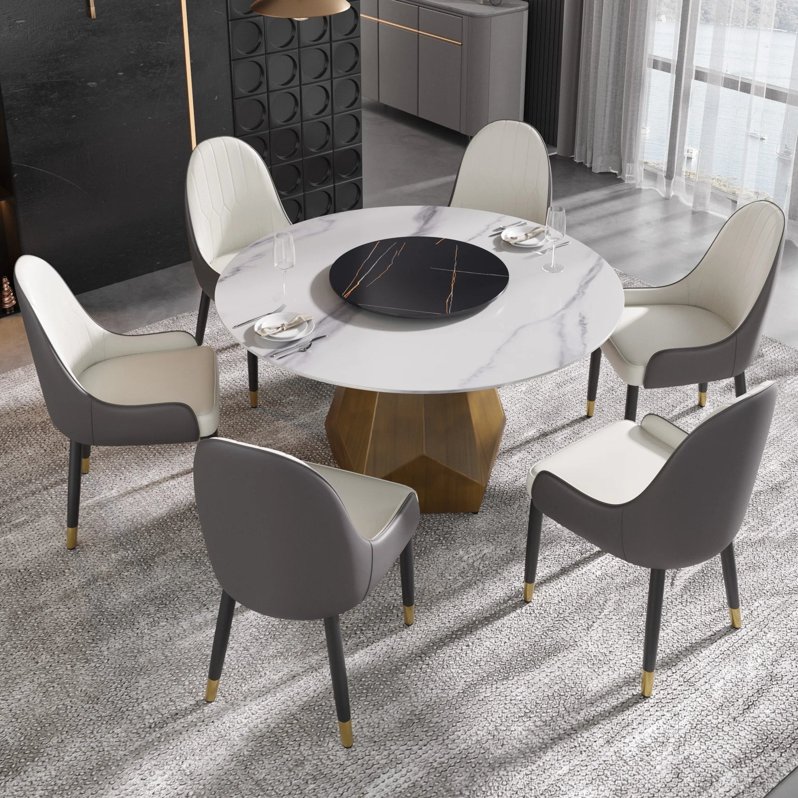 Mesa de comedor Marbella de piedra sinterizada | Redonda de 135 cm (53") en blanco brillante con plato giratorio Lazy Susan