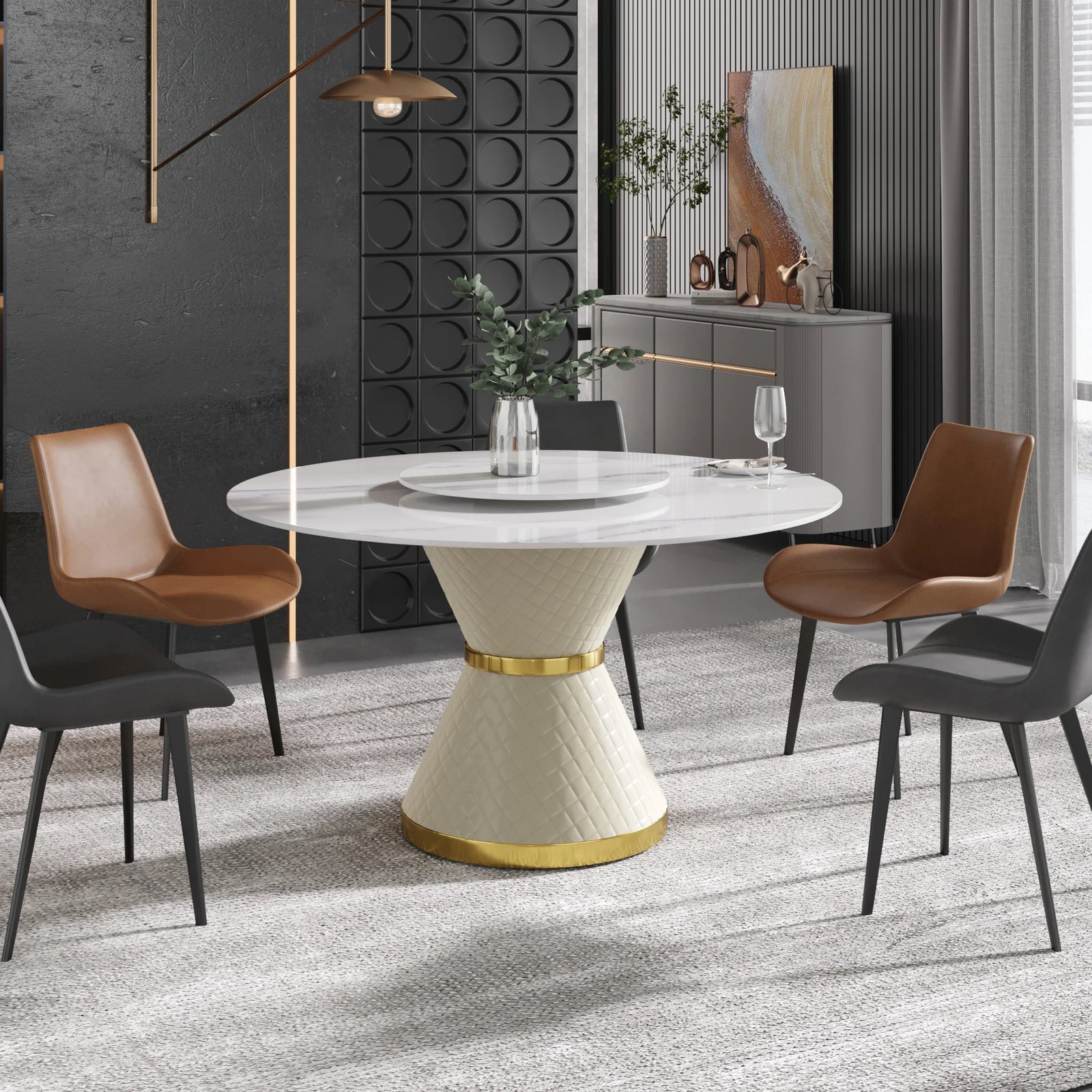 Mesa de comedor Marbella de piedra sinterizada | Redonda de 135 cm (53") en blanco brillante con plato giratorio Lazy Susan