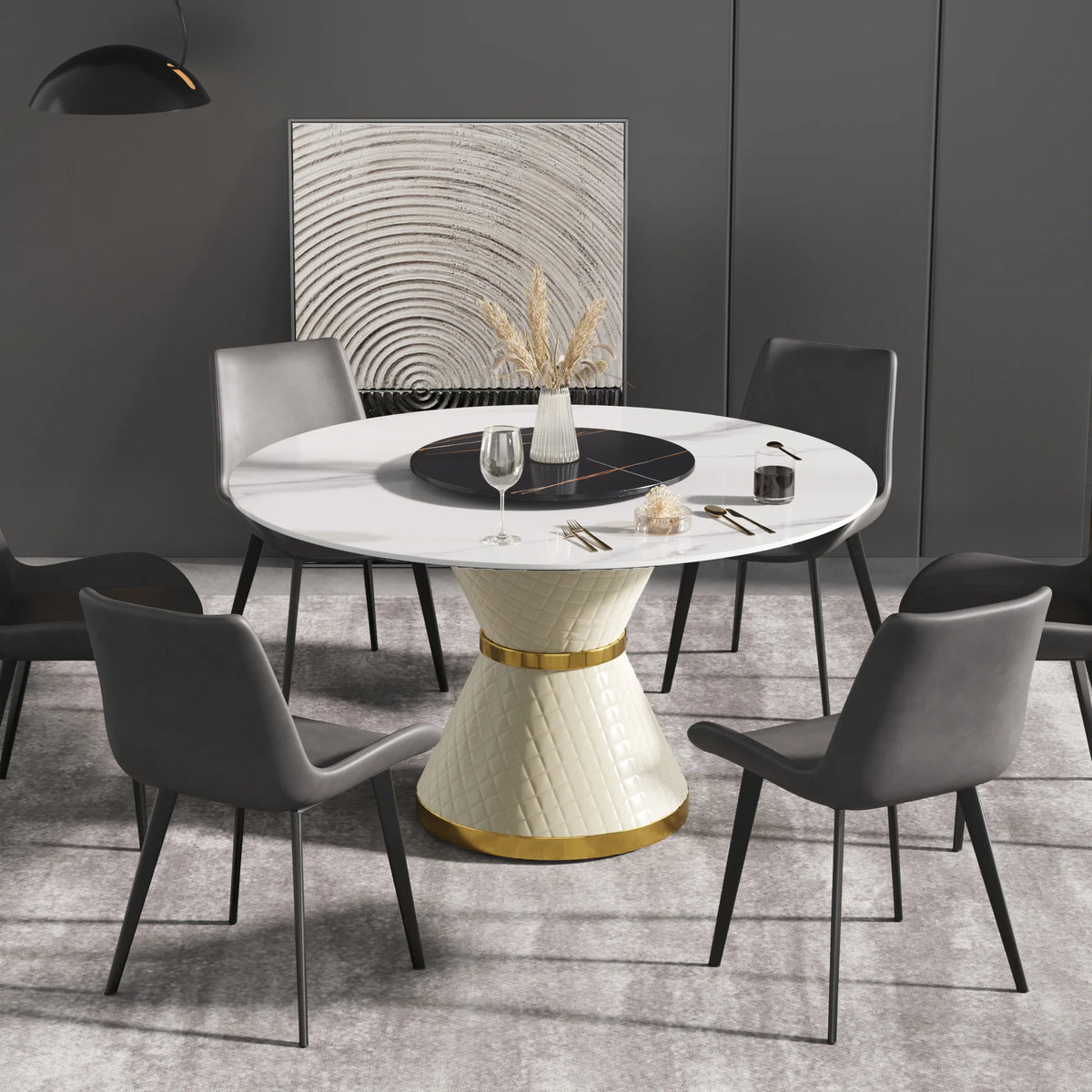 Mesa de comedor Marbella de piedra sinterizada | Redonda de 135 cm (53") en blanco brillante con plato giratorio Lazy Susan