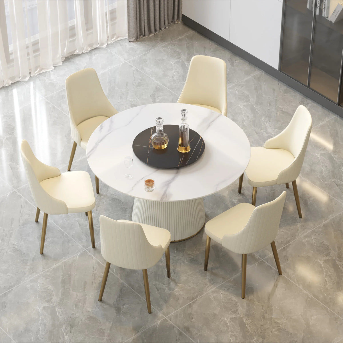 Mesa de comedor Marbella de piedra sinterizada | Redonda de 135 cm (53") en blanco brillante con plato giratorio Lazy Susan