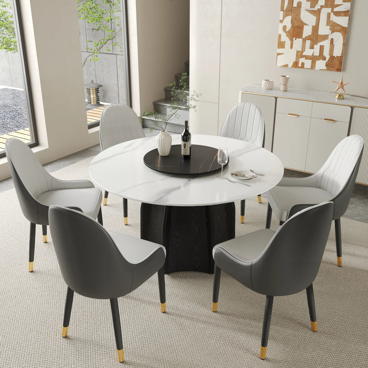 Marbella Sintered Stone Dining Table | 53" White Gloss Round With Lazy Susan Turntable