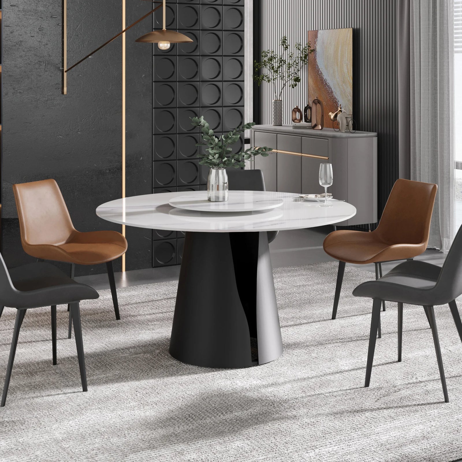 Mesa de comedor Marbella de piedra sinterizada | Redonda de 135 cm (53") en blanco brillante con plato giratorio Lazy Susan