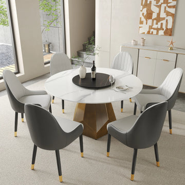 Mesa de comedor Marbella de piedra sinterizada | Redonda de 135 cm (53") en blanco brillante con plato giratorio Lazy Susan