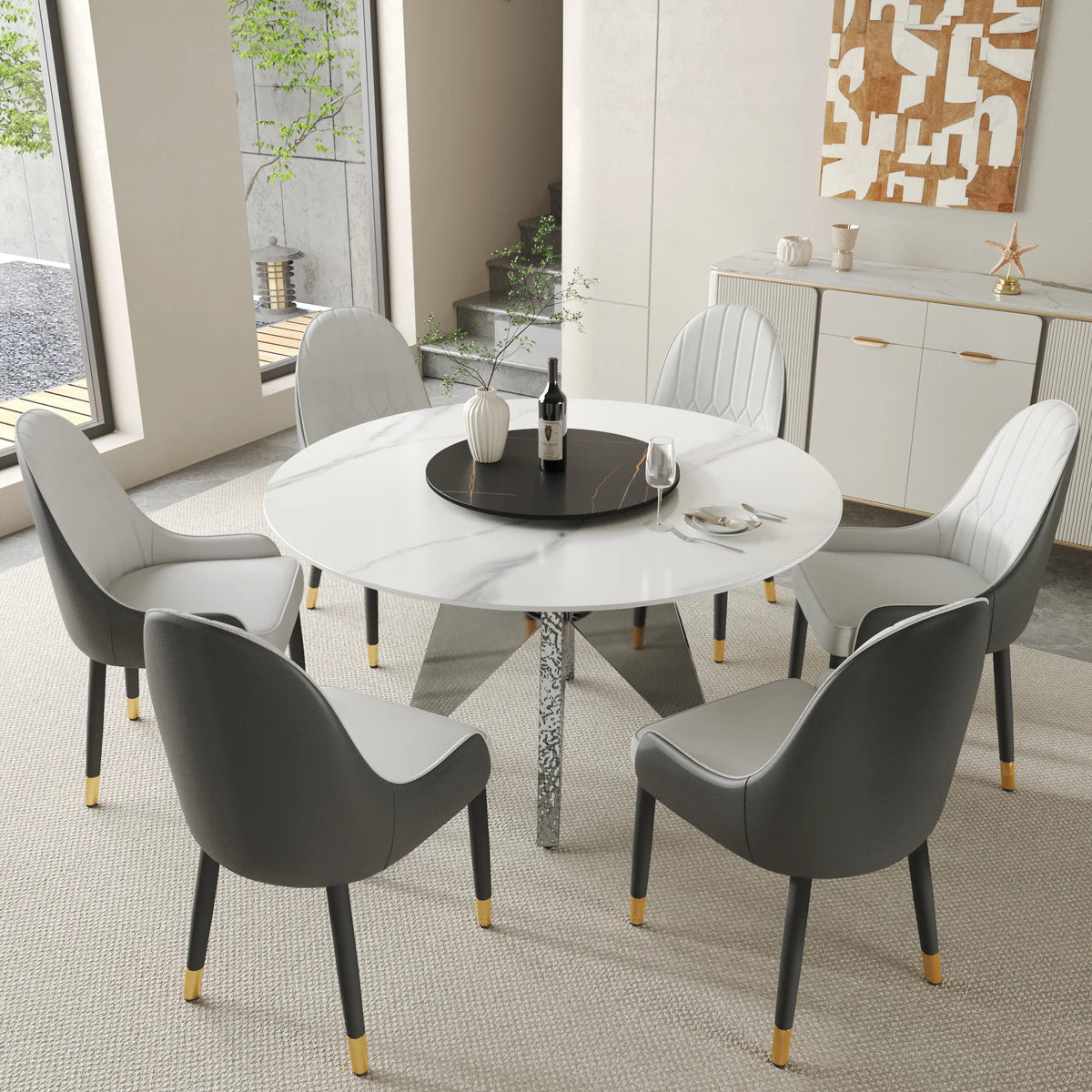 Marbella Sintered Stone Dining Table | 53" White Gloss Round With Lazy Susan Turntable