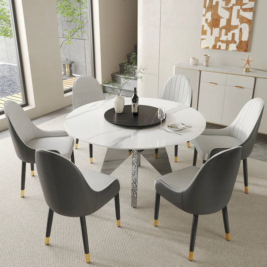 Marbella Sintered Stone Dining Table | 53" White Gloss Round With Lazy Susan Turntable