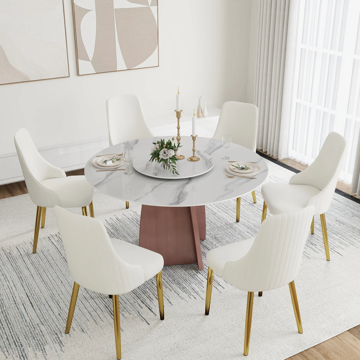 Mesa de comedor Marbella de piedra sinterizada | Redonda de 135 cm (53") en blanco brillante con plato giratorio Lazy Susan