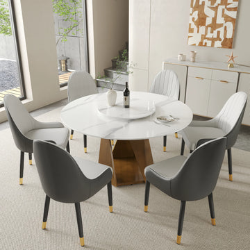 Mesa de comedor Marbella de piedra sinterizada | Redonda de 135 cm (53") en blanco brillante con plato giratorio Lazy Susan