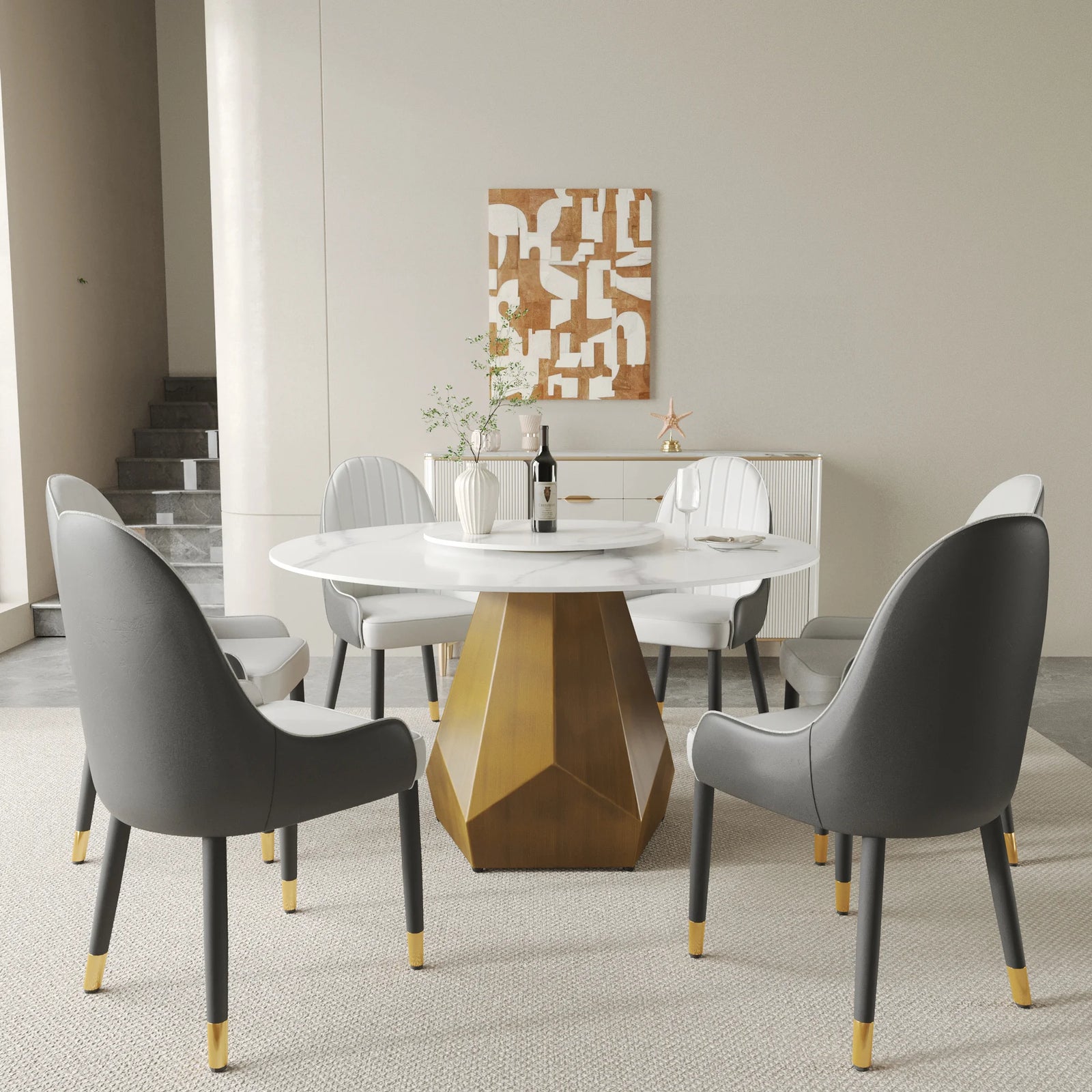Mesa de comedor Marbella de piedra sinterizada | Redonda de 135 cm (53") en blanco brillante con plato giratorio Lazy Susan