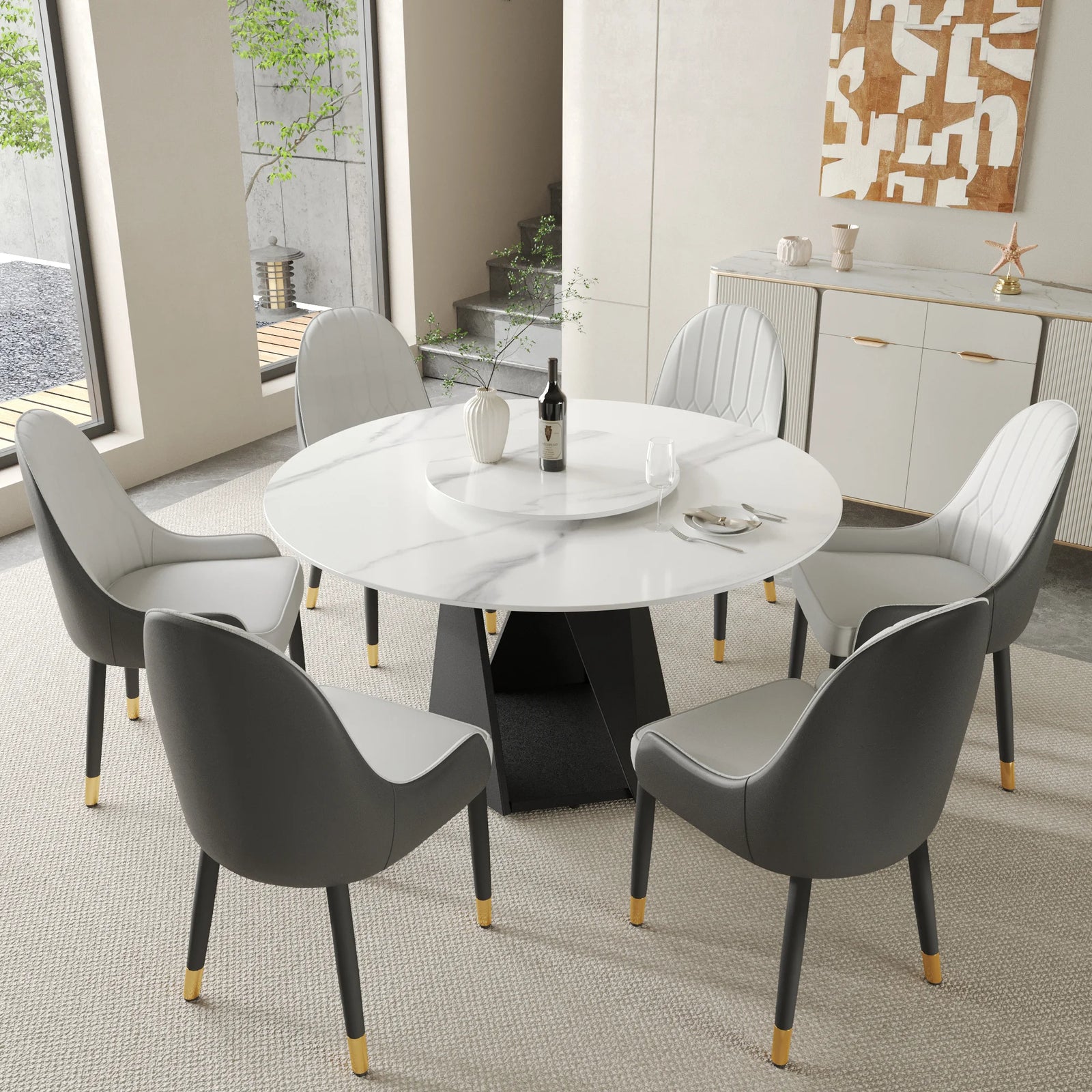 Mesa de comedor Marbella de piedra sinterizada | Redonda de 135 cm (53") en blanco brillante con plato giratorio Lazy Susan