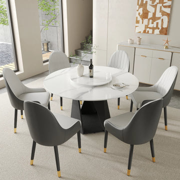 Mesa de comedor Marbella de piedra sinterizada | Redonda de 135 cm (53") en blanco brillante con plato giratorio Lazy Susan