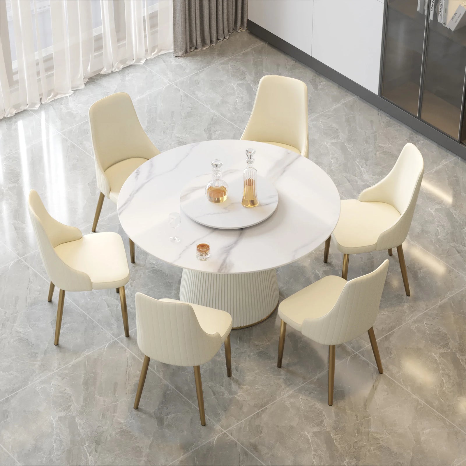 Marbella Sintered Stone Dining Table | 53" White Gloss Round With Lazy Susan Turntable