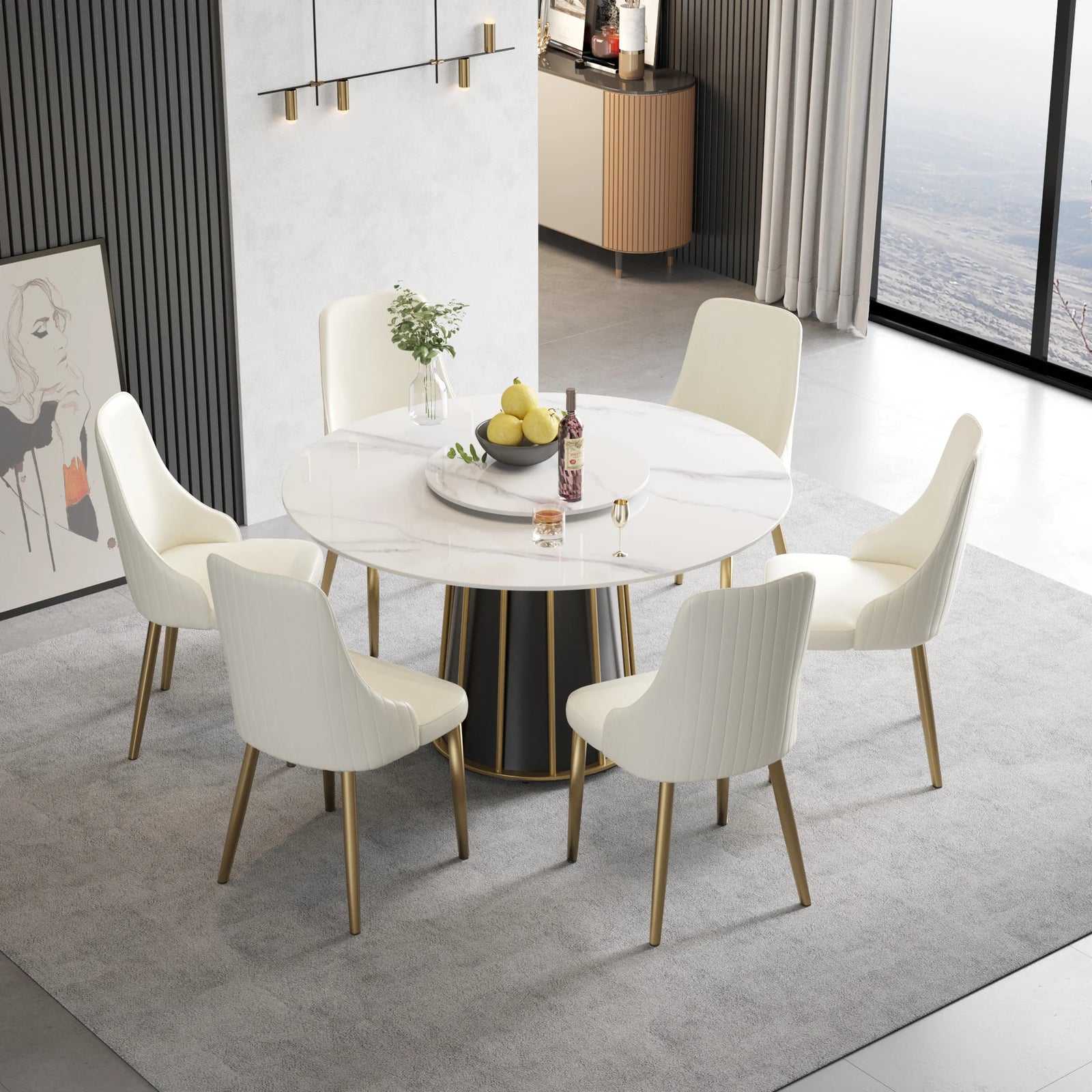 Mesa de comedor Marbella de piedra sinterizada | Redonda de 135 cm (53") en blanco brillante con plato giratorio Lazy Susan