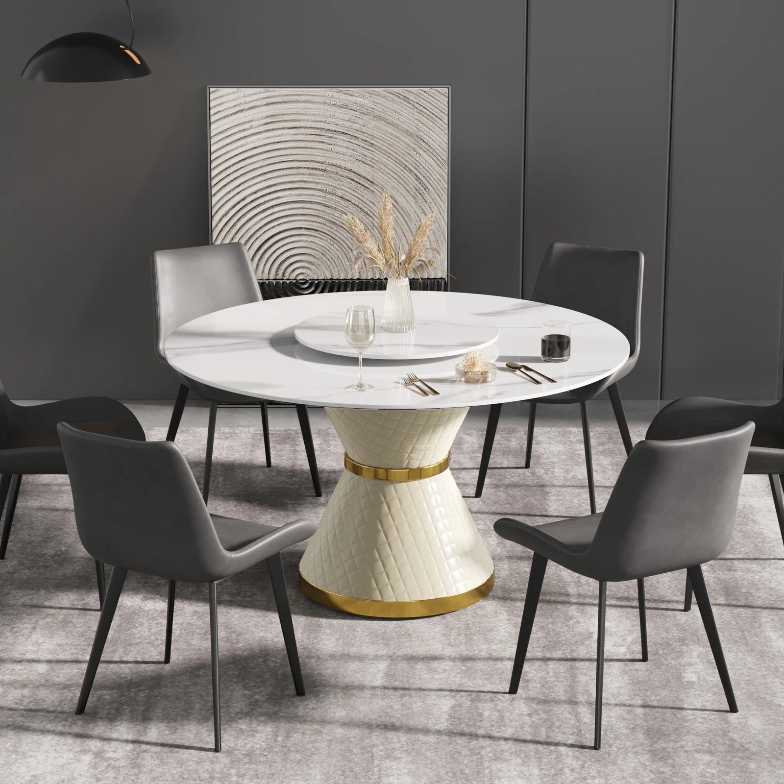 Mesa de comedor Marbella de piedra sinterizada | Redonda de 135 cm (53") en blanco brillante con plato giratorio Lazy Susan