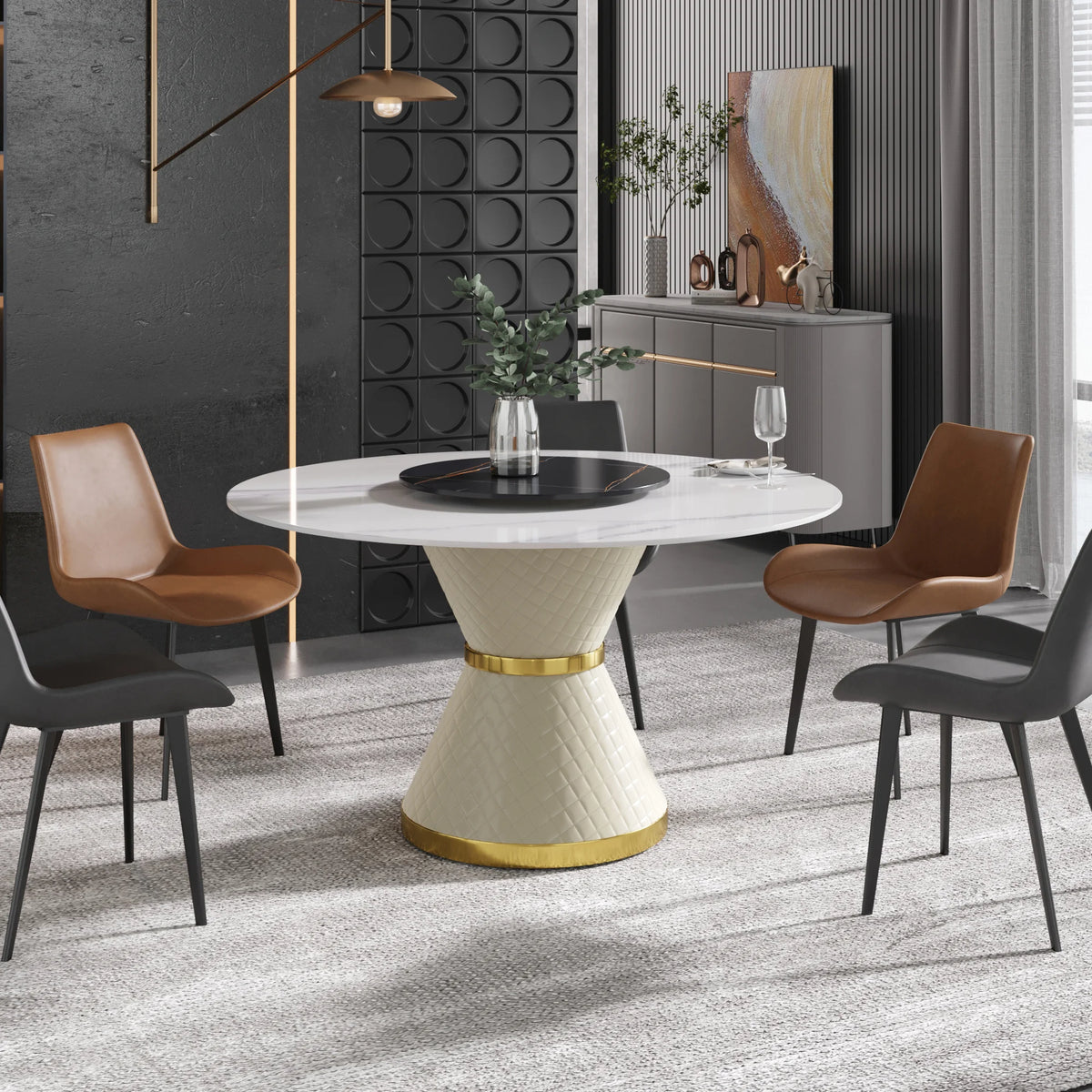 Mesa de comedor Marbella de piedra sinterizada | Redonda de 135 cm (53") en blanco brillante con plato giratorio Lazy Susan