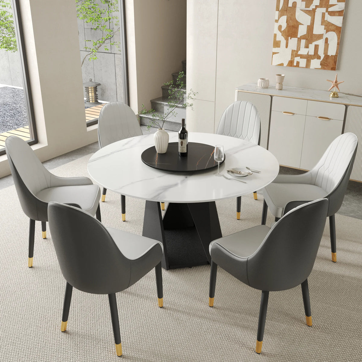 Marbella Sintered Stone Dining Table | 53" White Gloss Round With Lazy Susan Turntable