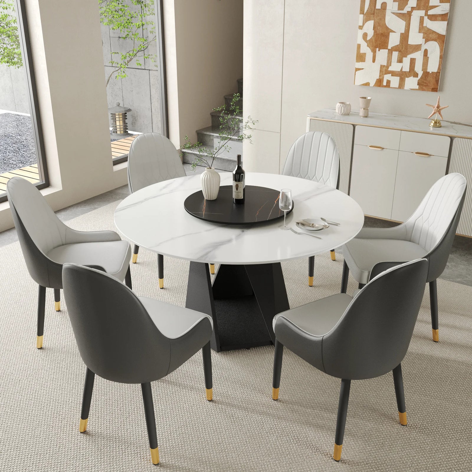 Mesa de comedor Marbella de piedra sinterizada | Redonda de 135 cm (53") en blanco brillante con plato giratorio Lazy Susan