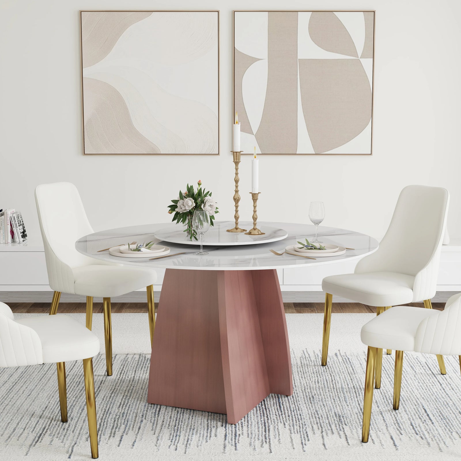 Mesa de comedor Marbella de piedra sinterizada | Redonda de 135 cm (53") en blanco brillante con plato giratorio Lazy Susan