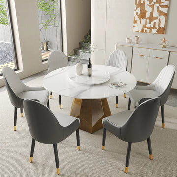 Mesa de comedor Marbella de piedra sinterizada | Redonda de 135 cm (53") en blanco brillante con plato giratorio Lazy Susan
