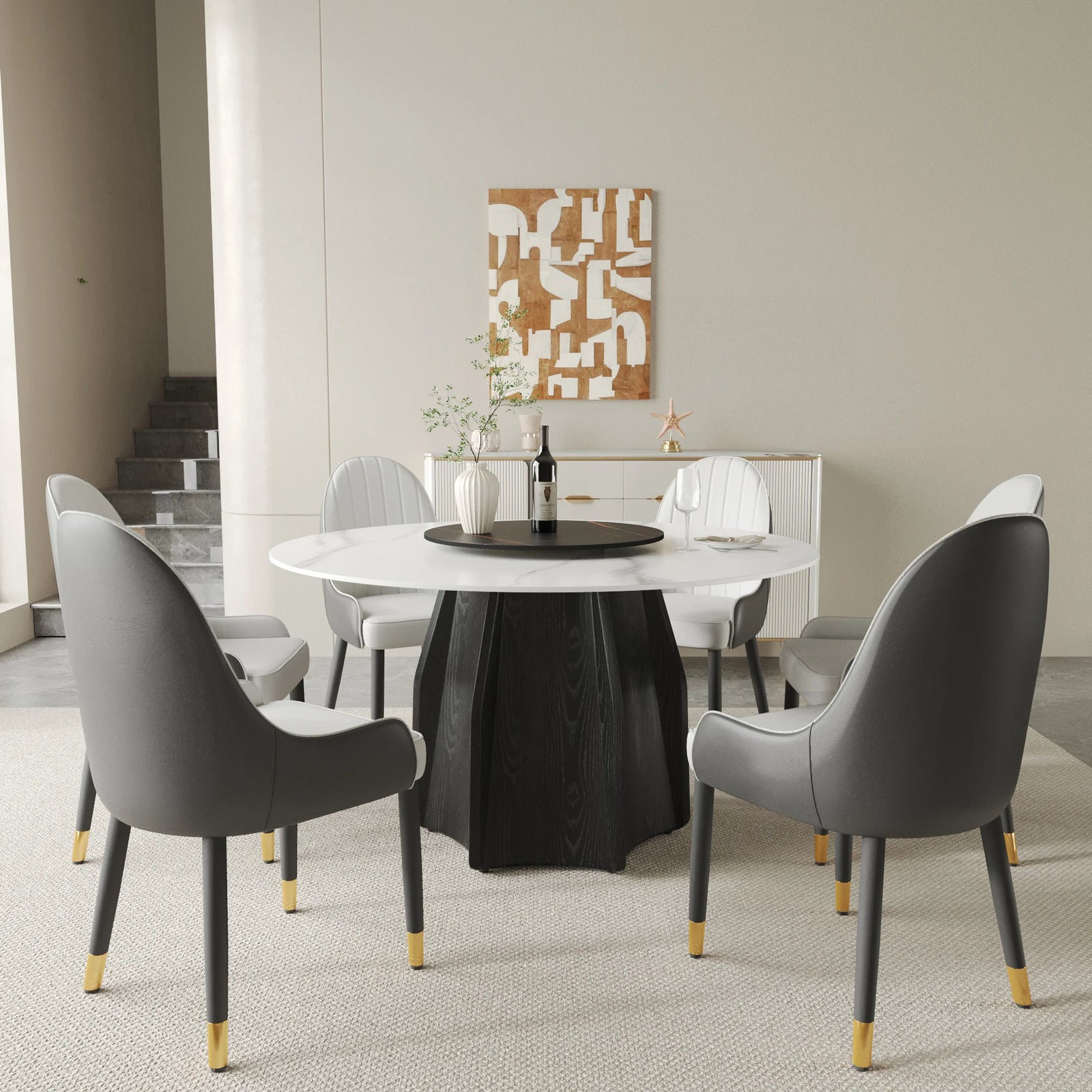 Marbella Sintered Stone Dining Table | 53" White Gloss Round With Lazy Susan Turntable
