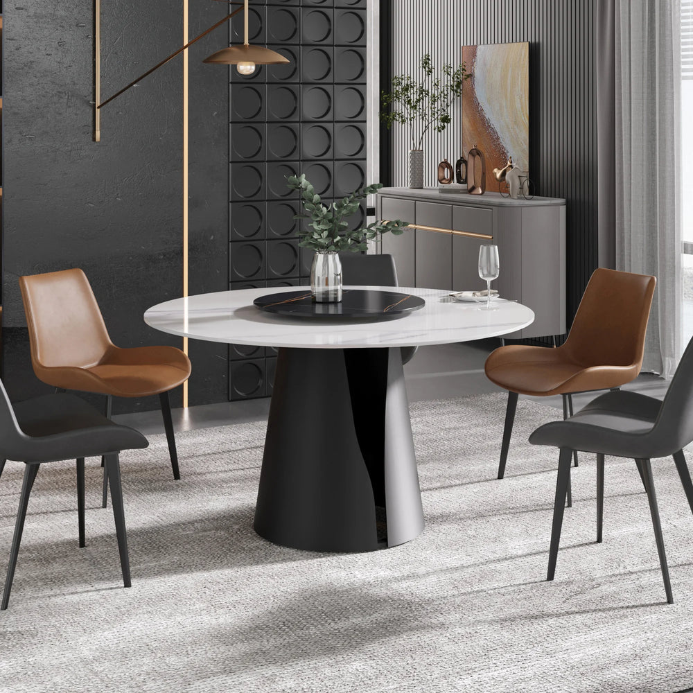 Marbella Sintered Stone Dining Table | 53" White Gloss Round With Lazy Susan Turntable