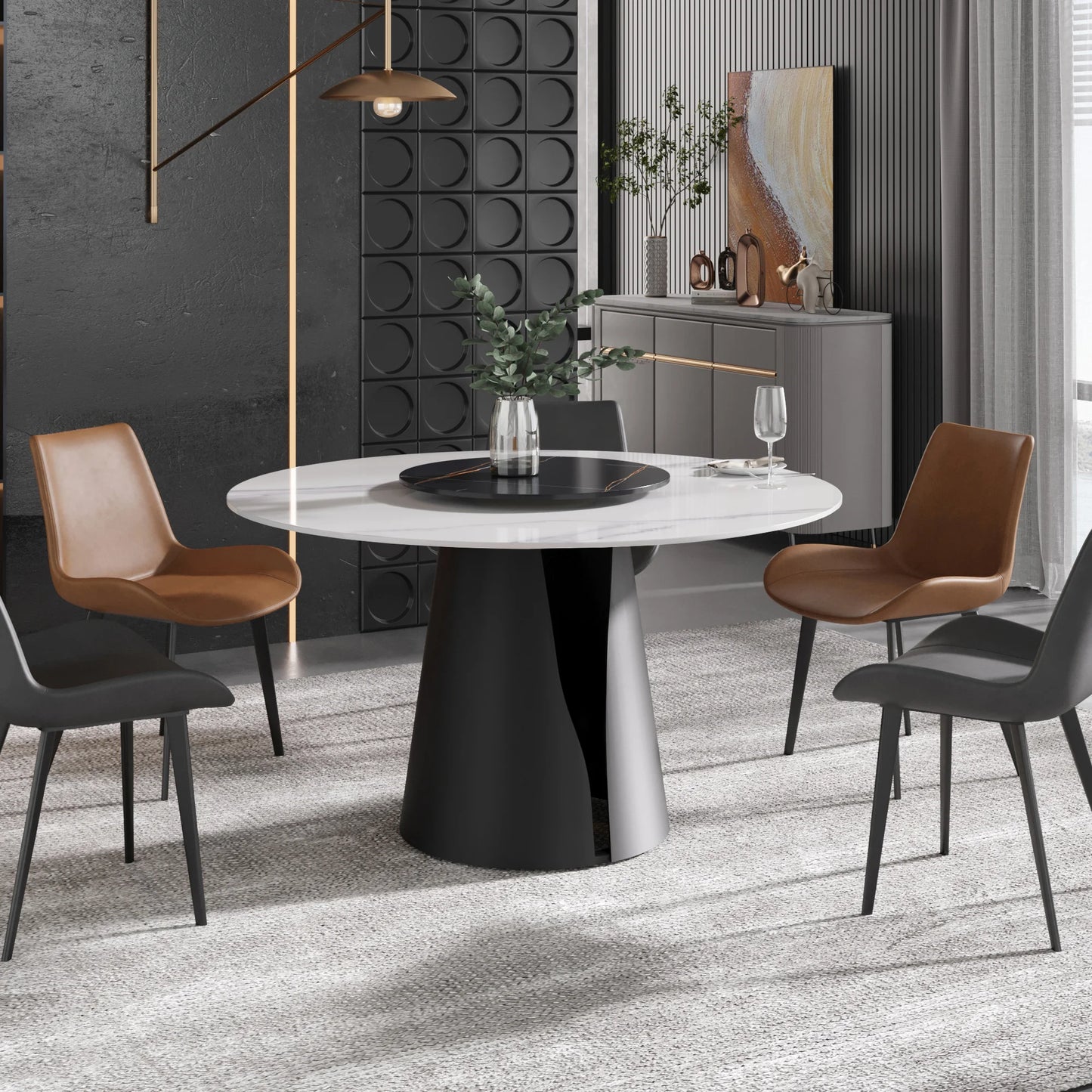 Marbella Sintered Stone Dining Table | 53" White Gloss Round With Lazy Susan Turntable