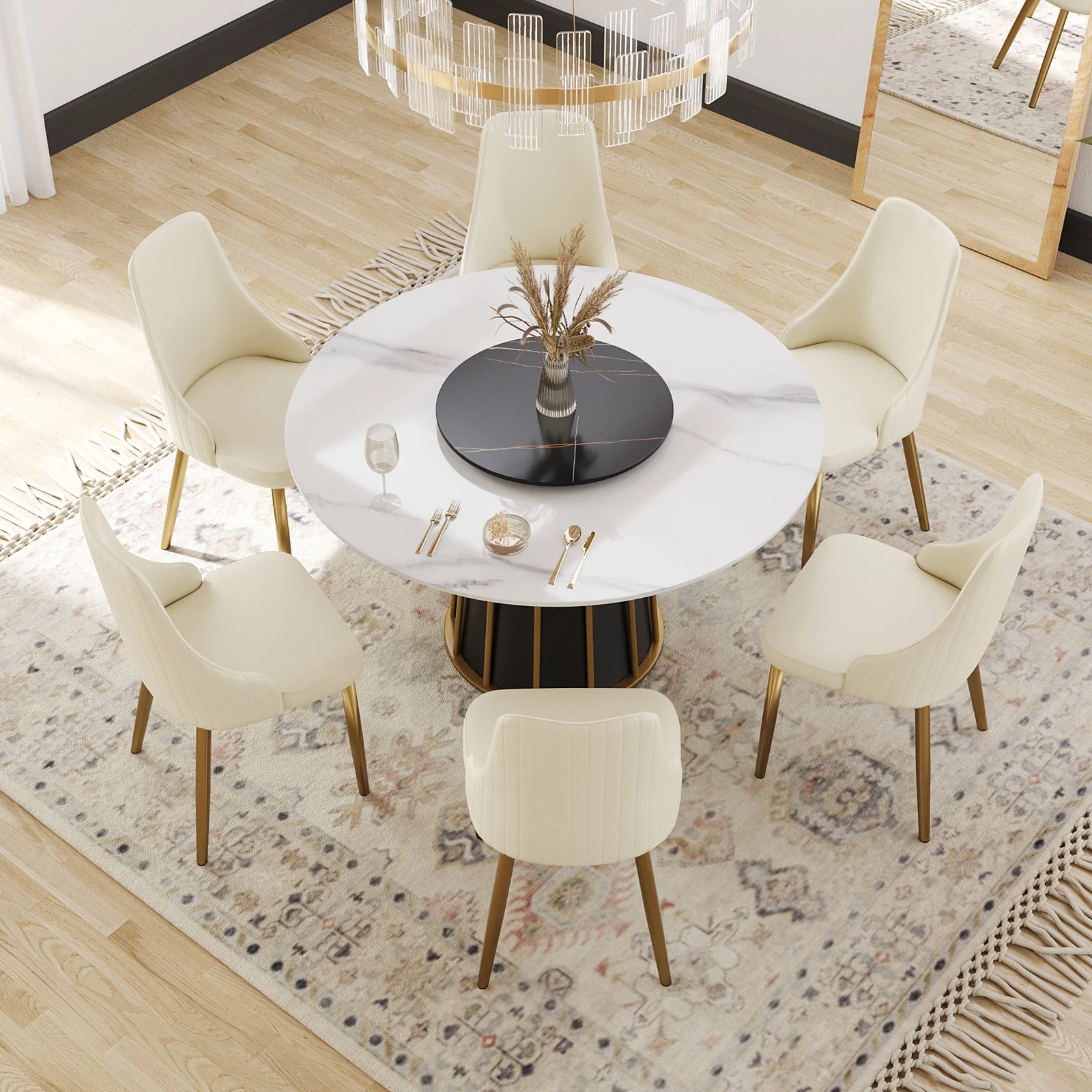 Mesa de comedor Marbella de piedra sinterizada | Redonda de 135 cm (53") en blanco brillante con plato giratorio Lazy Susan