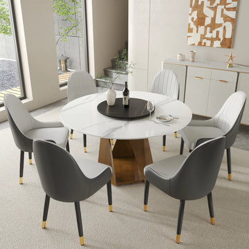 Mesa de comedor Marbella de piedra sinterizada | Redonda de 135 cm (53") en blanco brillante con plato giratorio Lazy Susan